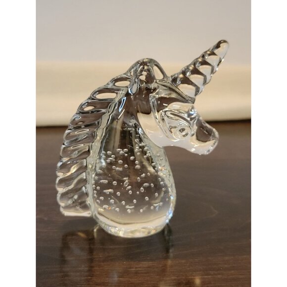 Handcrafted Clear Glass Unicorn Figurine Paperweight Controlled Bubbles 4" Tall - Picture 2 of 7